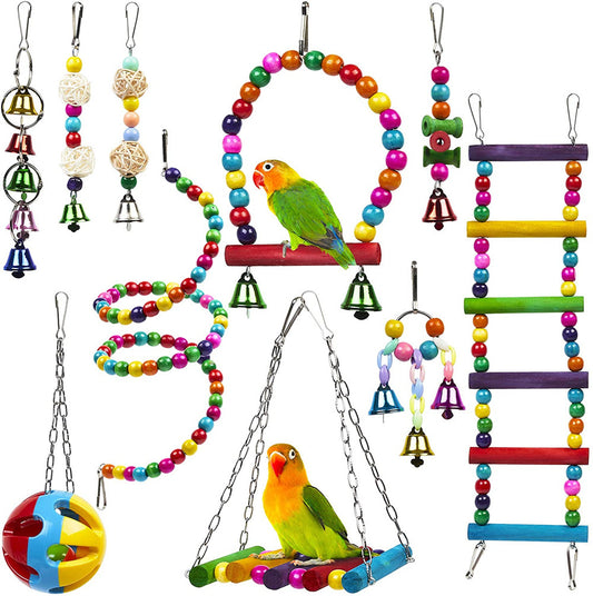 Bird Combination Toy 10, 13, or 15 Piece Set Wooden Bead Rotating Ladder Swing Stand Sepak Takraw Chewing Toy